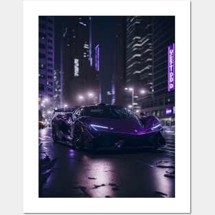 Chicago Night Ride Purple Sports Car Posters and Art